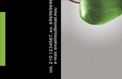  Η επαγγελματική κάρτα για διαιτολόγους διαθέτει έναν κομψό και μοντέρνο σχεδιασμό, με ένα καθαρό μαύρο φόντο να καλύπτει το μεγαλύτερο τμήμα της κάρτας. Στην δεξιά πλευρά, η φωτογραφία ενός πράσινου  μήλου προσθέτει έναν φρέσκο και υγιεινό τόνο, ιδανικό για τον τομέα της διατροφής. Στην αριστερή πλεύρα της κάρτας, αναγράφονται πληροφορίες επικοινωνίας με λευκά γράμματα για ευκολία ανάγνωσης: τηλέφωνο, κινητό τηλέφωνο, και email. Ο χρήστης μπορεί να προσθέσει και προσαρμόσει το όνομα, το επώνυμο και την επωνυμία του, ενώ υπάρχει και χώρος για το λογότυπο της επιχείρησης. Μπορείτε να κάνετε όποιες αλλαγές επιθυμείτε μέσω του online σχεδιαστικού εργαλείου.