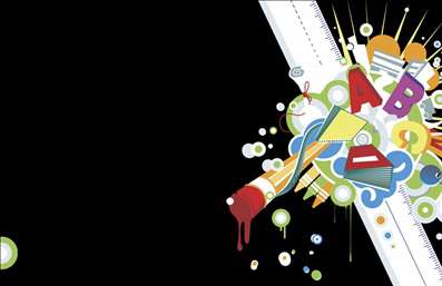 Επαγγελματική κάρτα καθηγητή Αγγλικών με μαύρο φόντο, πολύχρωμα σχέδια γραφείων και μοντέρνα γραμματοσειρά.