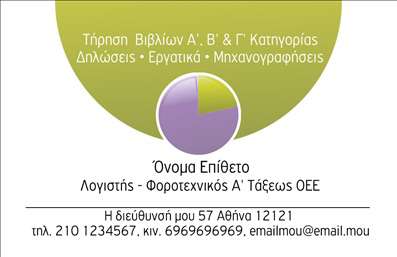 Θα δημιουργήσω μια περιγραφή βασισμένη στο template της επαγγελματικής κάρτας που παρέχεται για λογιστικά γραφεία. Ακολουθεί η περιγραφή:   Πρότυπο σχέδιο για εκτύπωση     επαγγελματικών καρτών    για     λογιστικά γραφεία και υπηρεσίες    , προσφέροντας μια κομψή και επαγγελματική εμφάνιση. Το σχέδιο χρησιμοποιεί απαλές αποχρώσεις με έμφαση στο πράσινο και μοβ, αποπνέοντας έναν αέρα αξιοπιστίας και ηρεμίας.    Η οπτική διάταξη είναι καλά ισορροπημένη με τη χρήση μιας ευανάγνωστης γραμματοσειράς, προβάλλοντας ξεκάθαρα τις υπηρεσίες του επαγγελματία. Οι λογότυποι και τα κείμενα βρίσκονται σε κατηγοριοποιημένα πλαίσια, αυξάνοντας την επαγγελματική αίσθηση της κάρτας.    Η     ευελιξία του design    επιτρέπει στους χρήστες να προσαρμόσουν το όνομα, το επώνυμο, τα τηλέφωνα και τη διεύθυνση ηλεκτρονικού ταχυδρομείου τους, ενισχύοντας την εξατομίκευση της επαγγελματικής τους ταυτότητας.    Στο κάτω μέρος της κάρτας, υπάρχει αρκετός χώρος για την εισαγωγή των απαραίτητων στοιχείων επικοινωνίας, διασφαλίζοντας ότι οι πελάτες μπορούν εύκολα να απευθυνθούν στον επαγγελματία για τις υπηρεσίες του στον τομέα της λογιστικής.    Αυτή η κάρτα συμβάλλει ουσιαστικά στο να κάνουν οι λογιστές μια ισχυρή και επαγγελματική πρώτη εντύπωση στους πελάτες τους, προβάλλοντας την εμπειρία, την εξειδίκευση και την αξιοπιστία τους στον τομέα.    Μπορείτε να κάνετε όποιες αλλαγές θέλετε μέσω του     online σχεδιαστικού εργαλείου    . Αυτή η περιγραφή έχει σχεδιαστεί για να ενσωματώνεται δίπλα από την εικόνα του template, προσφέροντας περαιτέρω πληροφορίες για το σχεδιασμό και την ευελιξία της εκάστοτε επαγγελματικής κάρτας.
