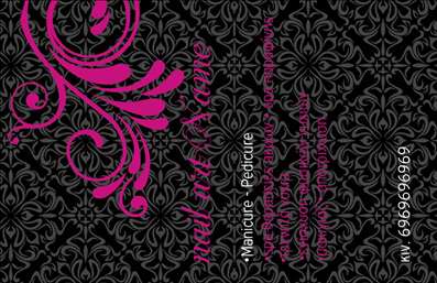 Επαγγελματική κάρτα μανικιούρ με μαύρο φόντο και ροζ λεπτομέρειες, στρογγυλές γραμματοσειρές και χώρο για στοιχεία επικοινωνίας.