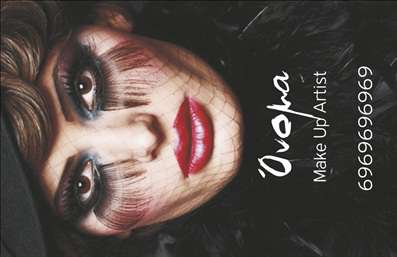 Επαγγελματική κάρτα μανικιούρ και μακιγιάζ σε ροζ και χρυσές αποχρώσεις, με μοντέρνα γραμματοσειρά και χώρο για στοιχεία επικοινωνίας.