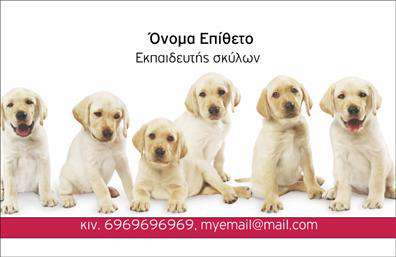    Σχέδιο για εκτύπωση επαγγελματικής κάρτας για Ζώα    Αυτό το εντυπωσιακό πρότυπο για εκτύπωση επαγγελματικής κάρτας στην υποκατηγορία των Ζώων χρησιμοποιεί μια εικόνα με κουτάβια, δημιουργώντας έναν φιλικό και προσβάσιμο τόνο που αποπνέει εμπιστοσύνη και αγάπη για τα ζώα. Η επιβλητική χρήση της φωτογραφίας στο κέντρο της κάρτας προσδίδει ένα επαγγελματικό χαρακτήρα και κάνει την κάρτα να ξεχωρίζει.    Η κάρτα διαθέτει καθαρό layout με απαλό λευκό και κόκκινο-ροζ χρώμα ως βάση, κάνοντας την εμφάνιση ευχάριστη και ευδιάκριτη. Η γραμματοσειρά είναι καθαρή και μοντέρνα, επιτρέποντας στους πελάτες να διακρίνουν εύκολα τα στοιχεία επικοινωνίας. Η ευελιξία του design επιτρέπει εύκολη εισαγωγή τηλεφώνου, διεύθυνσης και άλλων στοιχείων επικοινωνίας, κάνοντας την εκτύπωση ακόμη πιο προσαρμόσιμη.    Η κάρτα αυτή είναι ιδανική για εκπαιδευτές σκύλων, καθώς αντικατοπτρίζει τις αξίες της εμπειρίας και της αξιοπιστίας, ενώ το χαμογελαστό ύφος της εικόνας προσδίδει μια αίσθηση επαγγελματισμού. Η ζεστή εικόνα και τα προσεκτικά επιλεγμένα χρώματα βοηθούν τον εκπαιδευτή σκύλων να κάνει μια ισχυρή πρώτη εντύπωση και να ενισχύσει την εικόνα του στον τομέα του.    Μπορείτε να κάνετε όποιες αλλαγές θέλετε μέσω του online σχεδιαστικού εργαλείου μας. 