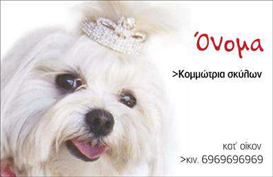 Here is the  description for the provided template:   Σχέδιο για εκτύπωση επαγγελματικές κάρτες για Ζώα    Αυτή η κάρτα διαθέτει ένα εξαίσιο σχέδιο που συνδυάζει την κομψότητα με την φιλικότητα μέσω της φωτογραφίας ενός λευκού σκύλου που φορά ένα διαμαντένιο στέμμα. Η φωτογραφία καταλαμβάνει σχεδόν όλο το φόντο, αποπνέοντας ένα αίσθημα πολυτέλειας και φροντίδας, κάτι που προφανώς εμπνέει εμπιστοσύνη στους ιδιοκτήτες μικρών κατοικιδίων.    Το όνομα και η ειδικότητα 