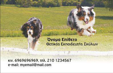    Εκτύπωση Επαγγελματικής Κάρτας για Ζώα    Σε αυτό το template για επαγγελματικές κάρτες, ο σχεδιασμός αναδεικνύει ένα φιλικό και αξιόπιστο προφίλ για όσους δραστηριοποιούνται στον τομέα των ζώων. Η εικόνα δύο σκύλων που τρέχουν σε ένα λιβάδι δημιουργεί αίσθηση ελευθερίας και συνεργασίας, ενώ υποδηλώνει την εξειδίκευση στην εκπαίδευση σκύλων. Τα χρώματα είναι φυσικά και γήινα, προσδίδοντας μία αίσθηση ηρεμίας και επαγγελματισμού.    Η γραμματοσειρά είναι καθαρή και ευανάγνωστη, επικοινωνώντας την εμπειρία και την αξιοπιστία του επαγγελματία. Οι θέσεις για την προσθήκη ονόματος, επωνυμίας και στοιχείων επικοινωνίας επιτρέπουν την πλήρη προσαρμογή της κάρτας σύμφωνα με τις ανάγκες σας. Με την ευελιξία αυτή, μπορείτε να προσθέσετε το τηλέφωνο, το κινητό, την ηλεκτρονική διεύθυνση και άλλες σημαντικές πληροφορίες.    Αυτό το πρότυπο ως προς τις εκτυπώσεις επαγγελματικών καρτών προσφέρει την ευκαιρία στον εκπαιδευτή σκύλων να δημιουργήσει μία ισχυρή πρώτη εντύπωση, ενισχύοντας την εικόνα του στον κλάδο.    Μπορείτε να κάνετε όποιες αλλαγές θέλετε μέσω του online σχεδιαστικού εργαλείου μας. 