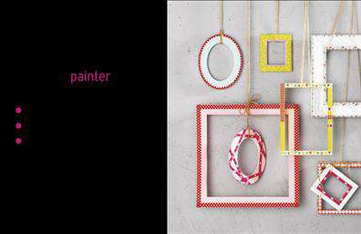    Επαγγελματικές κάρτες για Ζωγράφους    Σε αυτό το μοναδικό template για εκτυπώσεις επαγγελματικών καρτών, ο σχεδιασμός εστιάζει στον κόσμο και την τέχνη των ζωγράφων. Το φόντο της κάρτας είναι μαύρο με έγχρωμα πλαίσια διαφορετικών σχημάτων και μεγεθών που κρέμονται, κάτι που συμβολίζει τη δημιουργικότητα και καλλιτεχνική έκφραση.    Οι γραμματοσειρές που χρησιμοποιούνται είναι κομψές, προσδίδοντας έτσι στον καλλιτέχνη ένα επαγγελματικό και αξιόπιστο προφίλ, ενώ το έντονο χρώμα στην γραμματοσειρά 