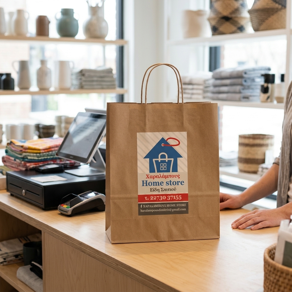Αυτοκόλλητο για το κατάστημα Home Store που περιλαμβάνει το όνομα, το τηλέφωνο και τα στοιχεία επικοινωνίας. Ιδανικό για χρήση σε τσάντες αγορών, βιτρίνες και προωθητικές ενέργειες στο κατάστημα.