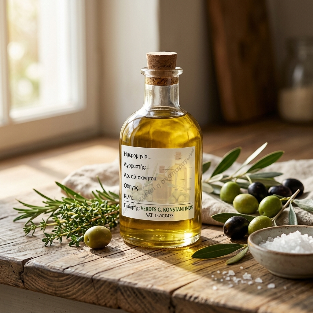 Αυτή η ετικέτα προϊόντος είναι σχεδιασμένη για μπουκάλια ελαιολάδου. Περιλαμβάνει πεδία για ημερομηνία και στοιχεία αγοραπωλησίας. Ιδανική για παραγωγούς που επιθυμούν επαγγελματική εμφάνιση στα προϊόντα τους.