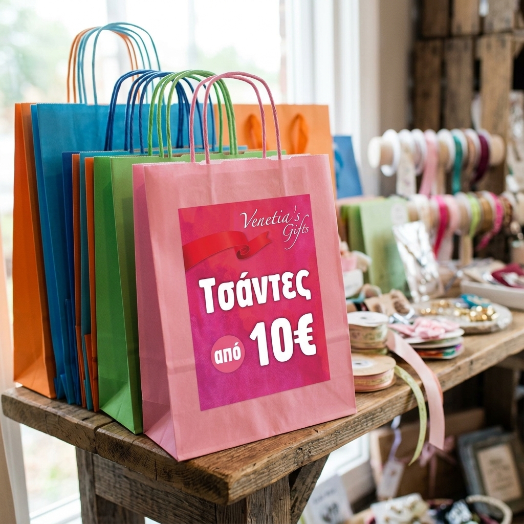 Αυτή η ετικέτα προσφοράς τσάντας δώρου διαθέτει έντονα χρώματα και εντυπωσιακή σχεδίαση. Ιδανική για χρήση σε καταστήματα δώρων, προσφέροντας μια ελκυστική προώθηση προϊόντων. Κατασκευασμένη από ανθεκτικό υλικό, διατηρεί την εμφάνιση και τα χρώματα της.