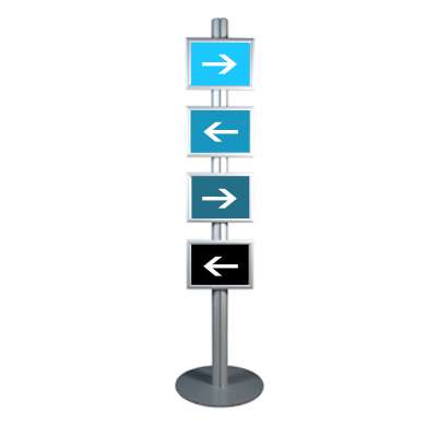 Επιδαπέδιο stand προβολής τεσσάρων εκτυπώσεων μεγέθους Α4, κατασκευασμένο από αλουμίνιο, με snap frame για εύκολες αλλαγές. Είναι κατάλληλο για εσωτερικό αλλά και εξωτερικό χώρο και είναι ιδανικό για παρουσιάσεις μενού σε εστιατόρια. Έχει ύψος 180cm, βάρος 15kg και οι διαστάσεις των τεσσάρων εκτυπώσεων είναι σε μέγεθος Α4, 21cm x 29,7cm.  