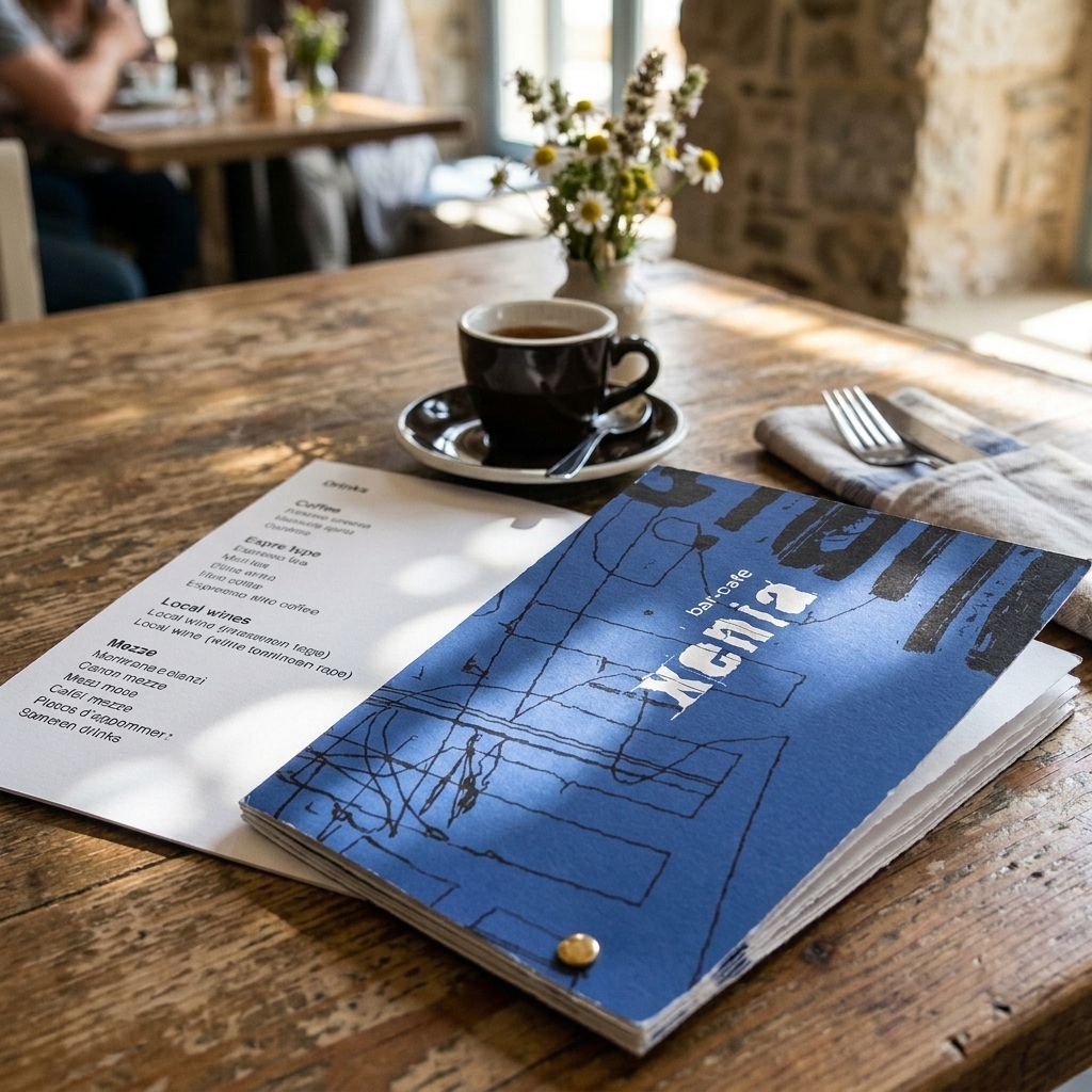 Κατάλογος café με μοντέρνο σχεδιασμό, ζωντανά χρώματα και φωτογραφίες πιάτων, ιδανικός για καφετέριες.