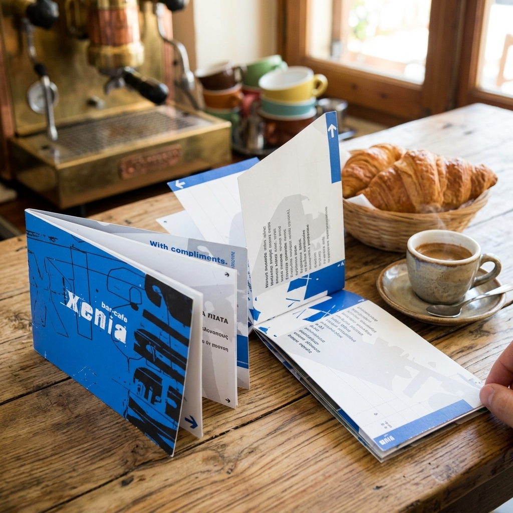 Κατάλογος café με ζωντανά χρώματα και εκλεπτυσμένα γραφικά, προσαρμοσμένος με λογότυπο.