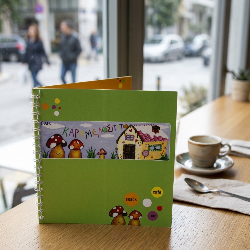 Κατάλογος café με μοντέρνο σχέδιο και φωτεινά χρώματα, εκτυπωμένος σε ανθεκτικό χαρτί, ιδανικός για μενού και προσφορές.