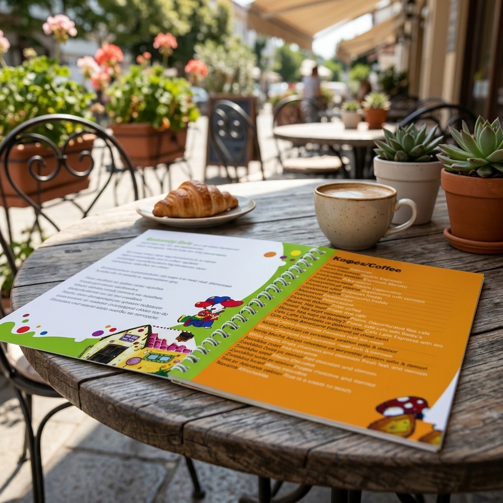 Κατάλογος café με κομψό σχέδιο, ζωντανά χρώματα και προσαρμοσμένο λογότυπο για επαγγελματική παρουσίαση προϊόντων.