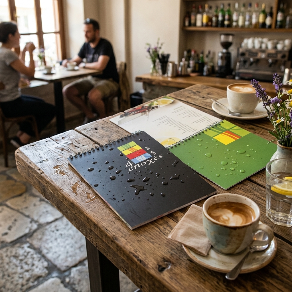Κατάλογος café με ζεστά χρώματα, οργανωμένη διάταξη και εικόνες πιάτων, ιδανικός για παρουσίαση μενού.