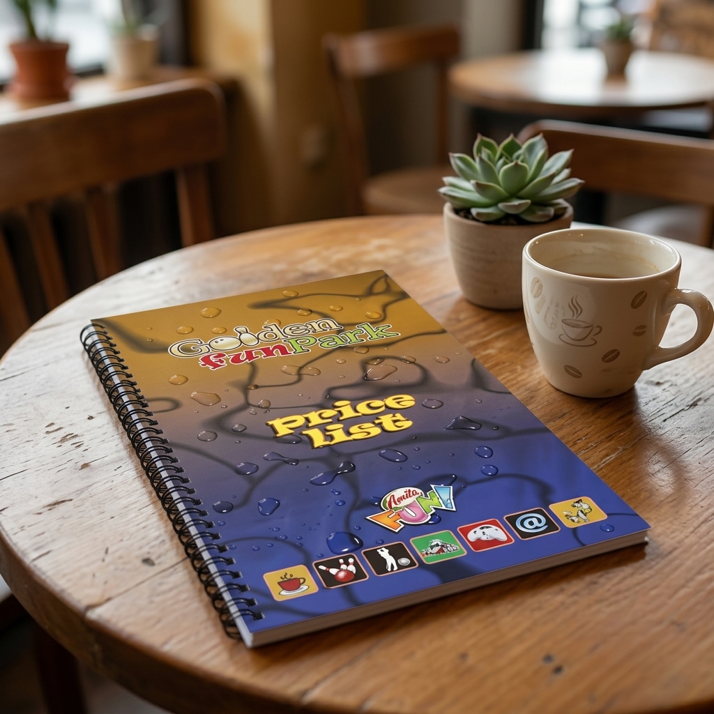 Κατάλογος café με μοντέρνο σχέδιο, ζωντανά χρώματα και εικόνες πιάτων, προσαρμοσμένος με λογότυπο.