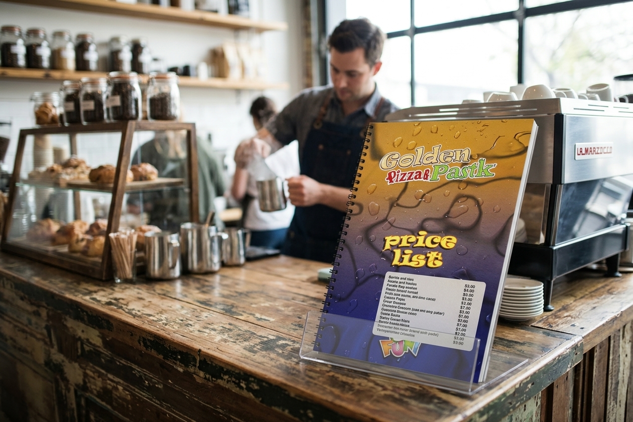 Κατάλογος cafe με φωτεινά χρώματα και καλαίσθητα γραφικά, αναδεικνύει γευστικές επιλογές μενού.