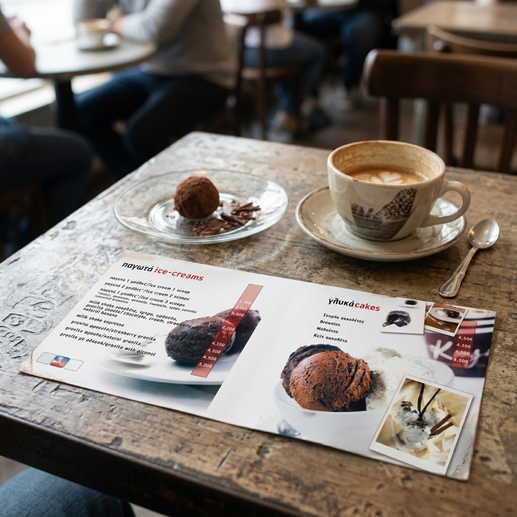 Κατάλογος café με ζωντανά χρώματα και ελκυστική διάταξη, προσαρμοσμένος για παρουσίαση ροφημάτων και φαγητών.