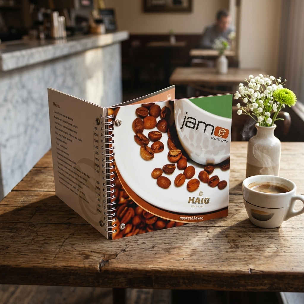 Κατάλογος café με ζεστές αποχρώσεις καφέ και πράσινου, ευανάγνωστες γραμματοσειρές και προσαρμοσμένο λογότυπο.