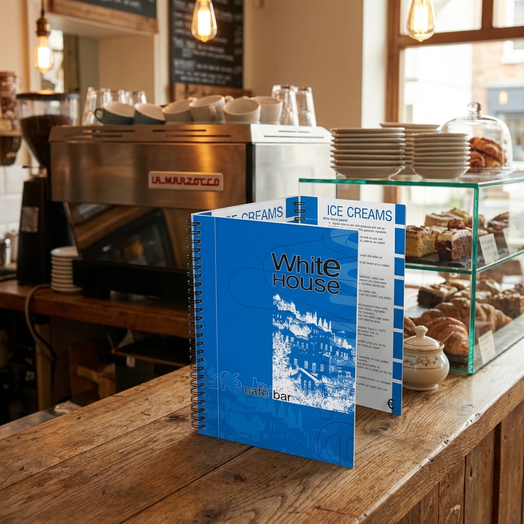 Κατάλογος café με ζωντανά χρώματα και κομψό σχέδιο, εκτύπωση σε ανθεκτικό χαρτί, προσαρμόσιμος με λογότυπο.
