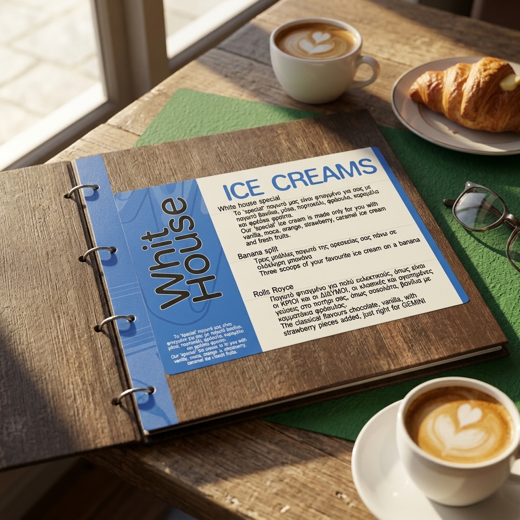 Κατάλογος café με ζωντανά χρώματα και μοντέρνα γραφικά, showcasing πιάτα και ροφήματα για εντυπωσιακή παρουσίαση.