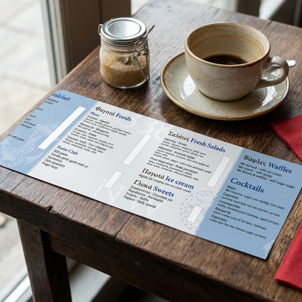 Κατάλογος café με ζωντανά χρώματα και προσεγμένη διάταξη, ιδανικός για παρουσίαση πιάτων και ροφημάτων.