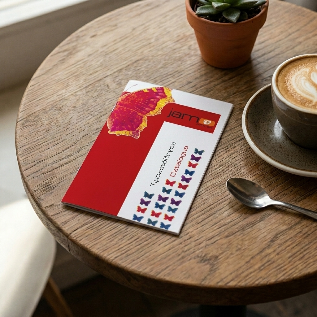 Κατάλογος café με απαλές και ζωντανές αποχρώσεις, ευανάγνωστη διάταξη και γραφικές λεπτομέρειες.