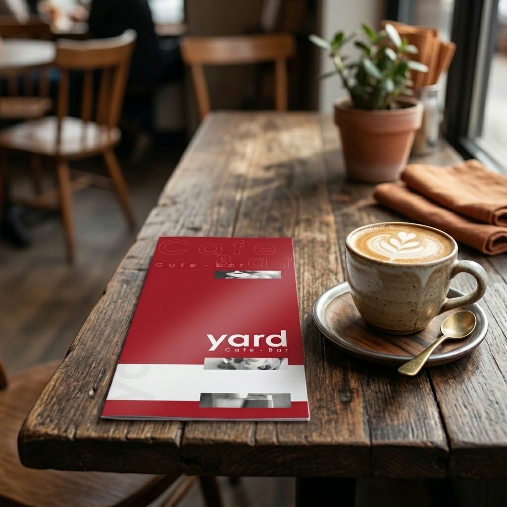 Κατάλογος café με μοντέρνο σχέδιο και ζωντανά χρώματα, ευανάγνωστες γραμματοσειρές και πλαστικοποίηση.