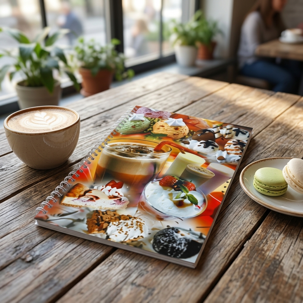 Κατάλογος café με μοντέρνο σχέδιο, ζωντανά χρώματα και οργανωμένη διάταξη, ιδανικός για καφετέριες.