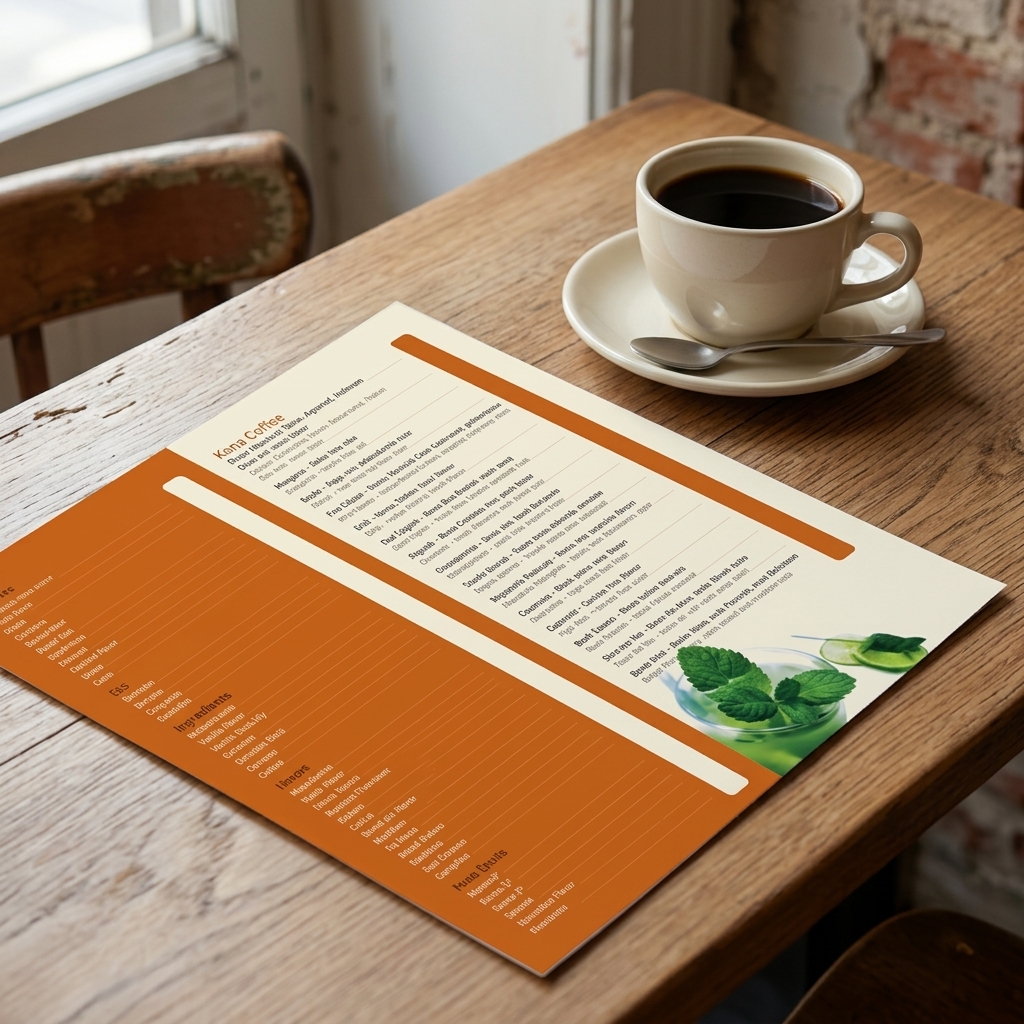 Κατάλογος café με ζωντανά χρώματα και οργανωμένο σχέδιο, ιδανικός για παρουσίαση προϊόντων, υψηλής ποιότητας εκτύπωση.