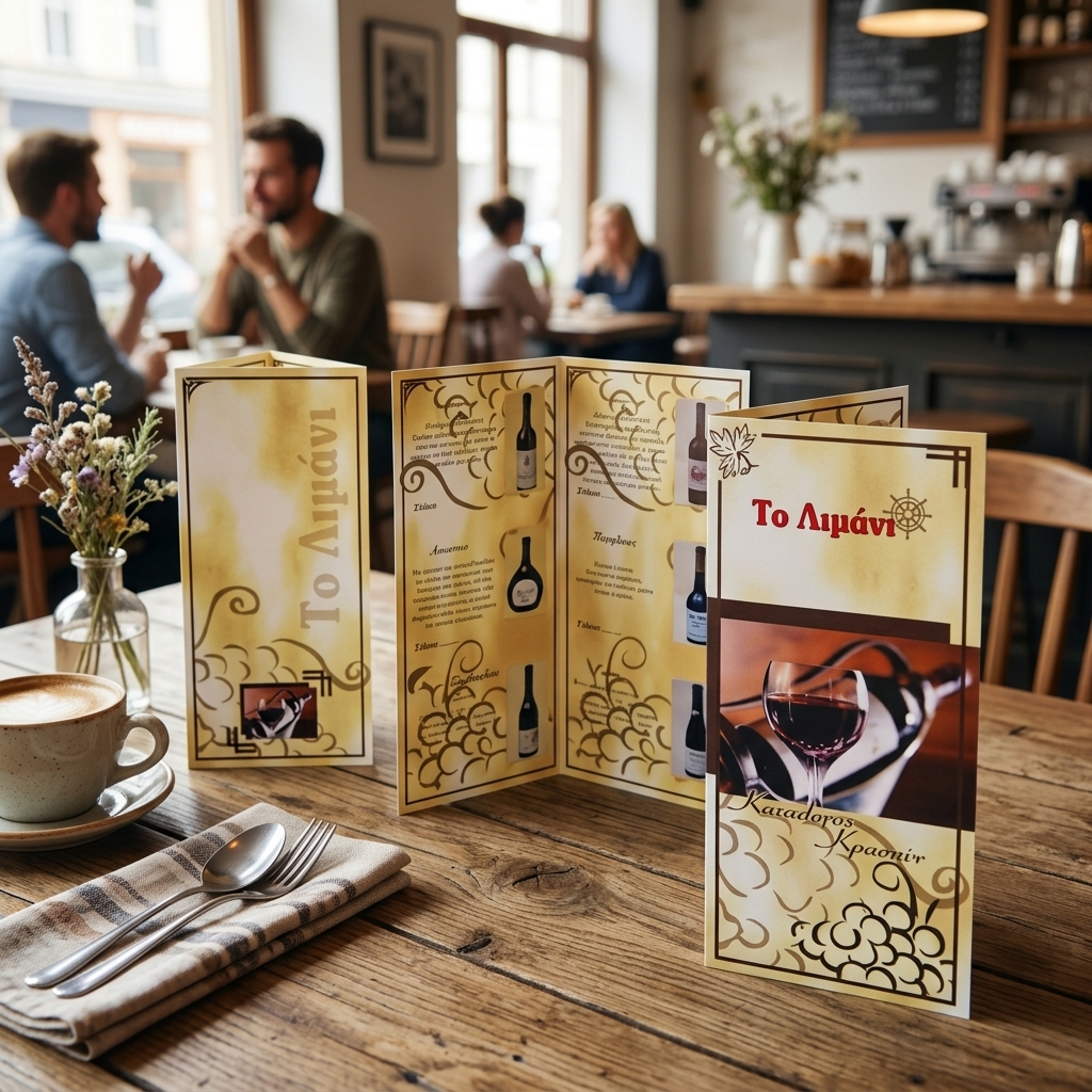 Κατάλογος café με φωτεινό σχέδιο, ζωντανές εικόνες πιάτων και ροφημάτων, προσαρμοσμένα χρώματα και λογότυπο.
