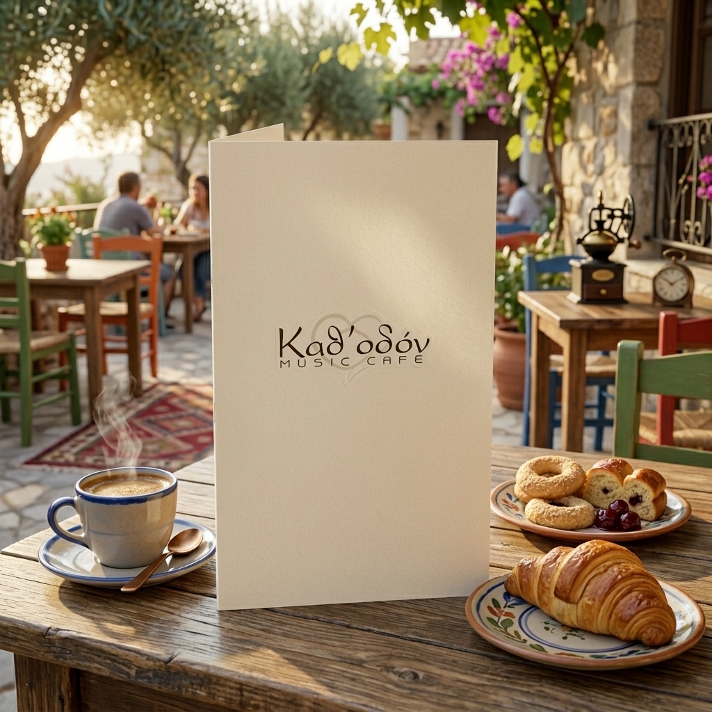 Κατάλογος café με απαλά καφέ και κρεμ χρώματα, οργανωμένη διάταξη περιεχομένου και εικόνες φαγητών.
