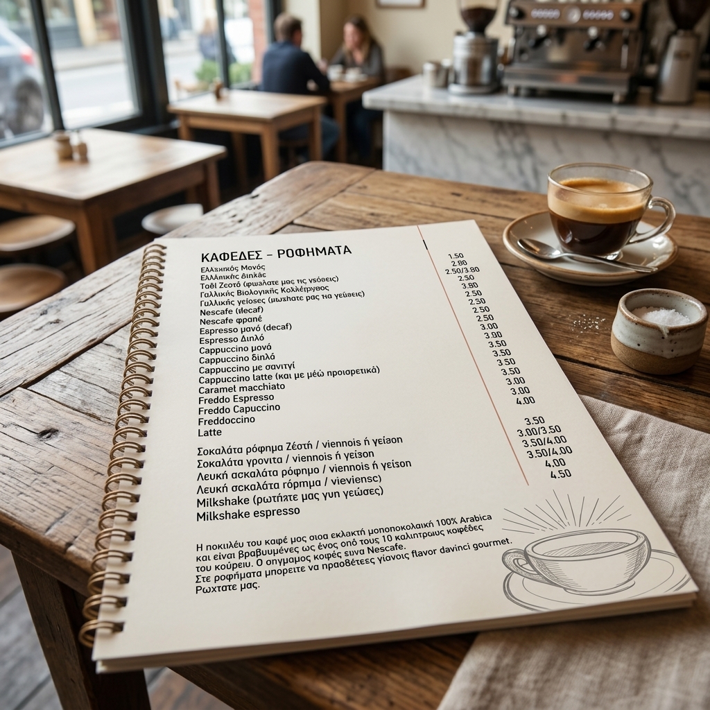 Κατάλογος café με ζωντανά χρώματα και μοντέρνα γραφικά, σχεδιασμένος για φιλόξενη παρουσίαση προϊόντων.