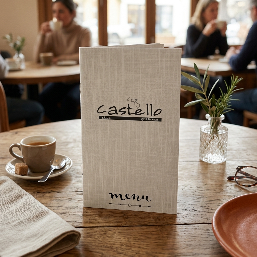 Κατάλογος café με ζωντανά χρώματα και μοντέρνα γραφικά, προσαρμοσμένος με λογότυπο και οργανωμένη διάταξη.
