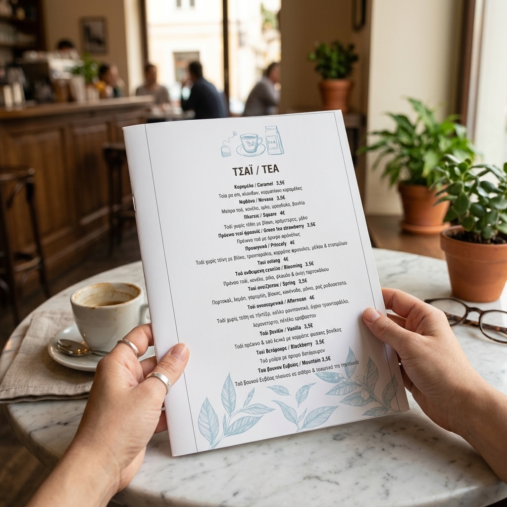 Κατάλογος café με ζωντανά χρώματα, ποιες φωτογραφίες πιάτων και ροφημάτων, τυπωμένος σε ανθεκτικό χαρτί.