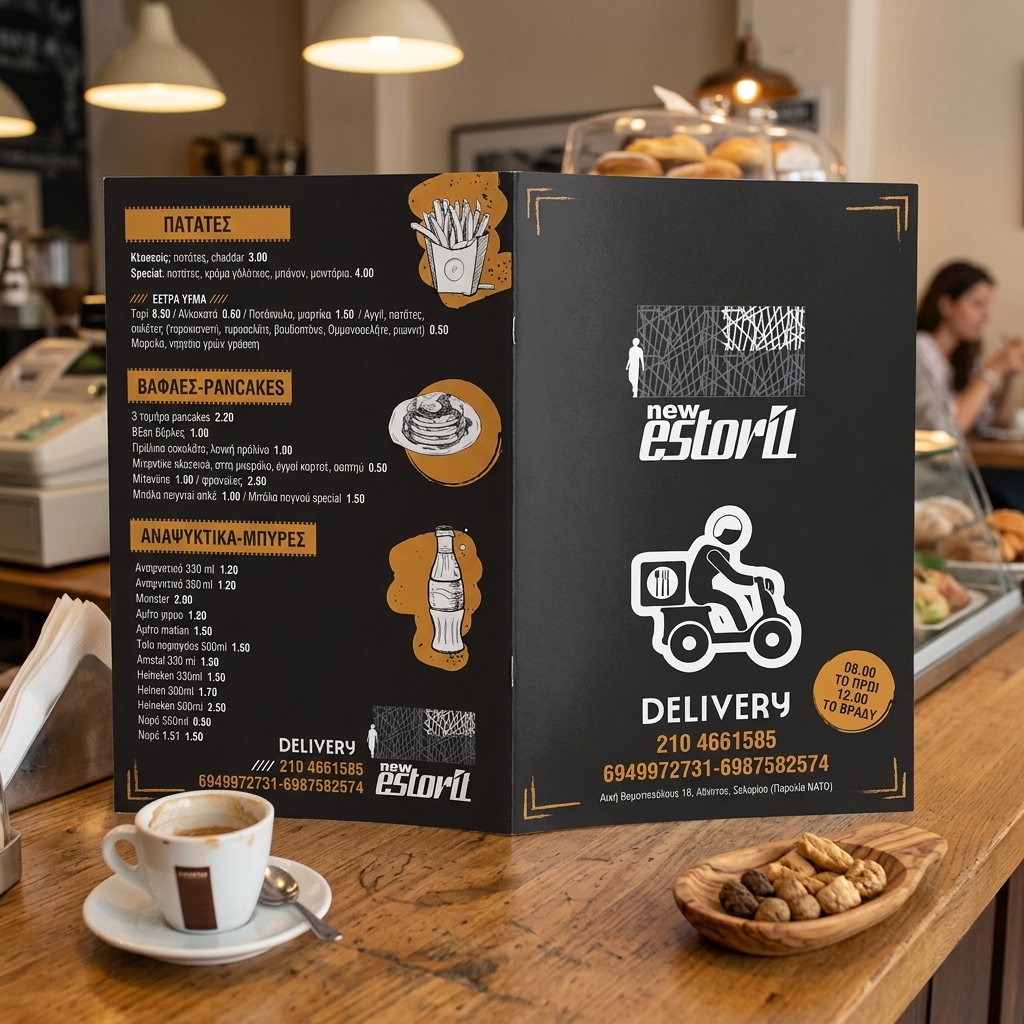 Κατάλογος café με μοντέρνα διάταξη, ευχάριστους χρωματικούς συνδυασμούς και προσαρμοσμένο λογότυπο.