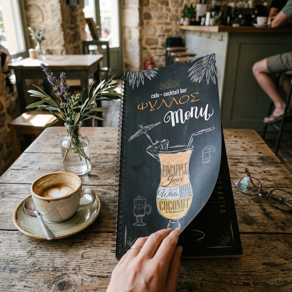 Κατάλογος cafe με ζωντανά χρώματα και γραφικά, προσαρμόσιμος με λογότυπο, ιδανικός για ειδικά μενού.
