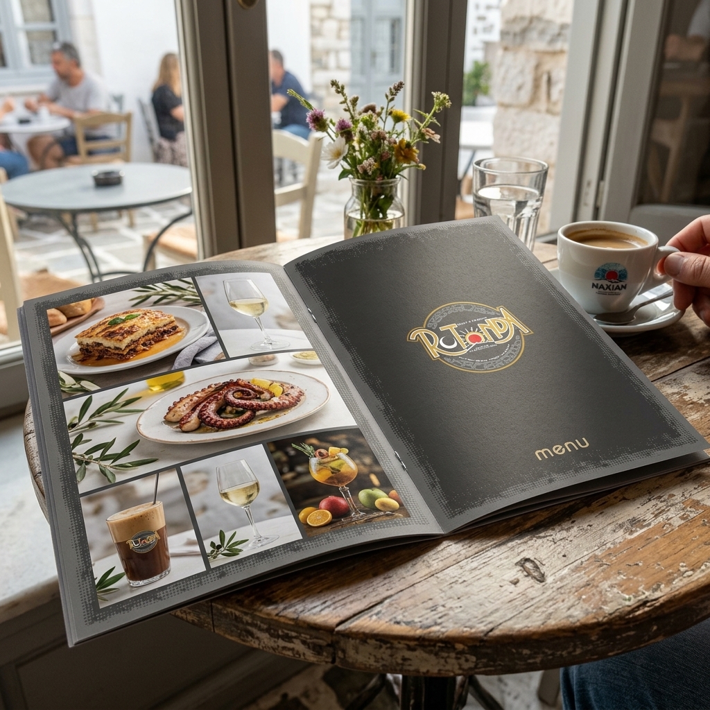   Κατάλογος Cafe   Ο κατάλογος cafe που παρουσιάζεται στη φωτογραφία διαθέτει ένα μοντέρνο σχέδιο με έντονα και φωτεινά χρώματα, που δημιουργούν μια ευχάριστη και φιλόξενη ατμόσφαιρα. Η διάταξή του έχει σχεδιαστεί με προσοχή, ενώ τα γραφικά ενισχύουν την ελκυστικότητα των πιάτων και ροφημάτων, προσελκύοντας το ενδιαφέρον των πελατών.   Οι εκτυπώσεις είναι σε ανθεκτικό χαρτί, με την επιλογή πλαστικοποίησης, που διασφαλίζει τη μακροχρόνια χρήση και την προστασία από φθορές. Η ποιότητα εκτύπωσης είναι υψηλή, κάνοντας τα εποχικά πιάτα και τις νέες προτάσεις να ξεχωρίζουν για την ομορφιά τους. Οι πελάτες σας θα εντυπωσιαστούν από τις ζωντανές εικόνες και την ευανάγνωστη διάταξη.   Η προσαρμογή του καταλόγου cafe με το λογότυπό σας και την ιδιαίτερη αισθητική του καταστήματός σας θα δημιουργήσει μια μοναδική ταυτότητα. Αυτός ο κατάλογος είναι ιδανικός για την προβολή των ροφημάτων και των πιάτων σας, προωθώντας νέες προσφορές και προϊόντα.   Οι εκτυπώσεις καταλόγων είναι σημαντικές για καφετέριες και βοηθούν να επικοινωνήσετε τα προϊόντα σας στους πελάτες. Το τυπογραφείο μας διαθέτει την εμπειρία να αναλάβει τη δημιουργία ενός καταλόγου που θα καλύπτει τις ανάγκες σας. 