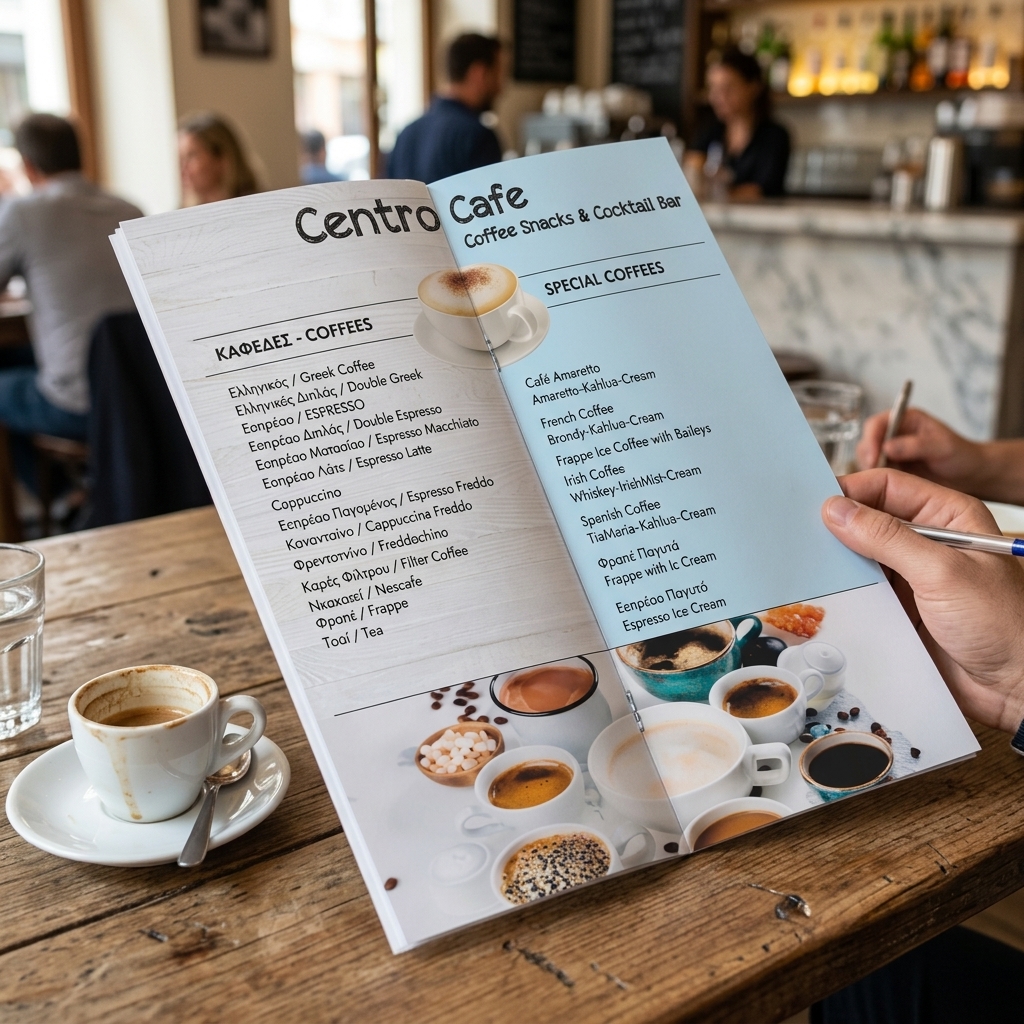   Κατάλογος Cafe   Απολαύστε τον καλαίσθητο κατάλογο που έχουμε σχεδιάσει για cafes, προσαρμοσμένο να αναδείξει την ατμόσφαιρα και τη μοναδικότητα της επιχείρησής σας. Η παλέτα των ζωντανών χρωμάτων και τα κομψά γραφικά δημιουργούν μια ελκυστική εικόνα, κάνοντάς τον ιδανικό για την προσέλκυση πελατών.   Οι εκτυπώσεις μας είναι φτιαγμένες από ανθεκτικό χαρτί, ενώ η δυνατότητα πλαστικοποίησης εξασφαλίζει αυξημένη αντοχή και μακροχρόνια χρήση. Η εξαιρετική ποιότητα της εκτύπωσης αναδεικνύει τα προϊόντα σας, καθιστώντας τα οπτικό πόλο έλξης.   Αυτός ο κατάλογος cafe είναι ιδανικός για την παρουσίαση ροφημάτων, φαγητών και γλυκών, προσφέροντας μια προσιτή και ελκυστική εμπειρία στους πελάτες σας. Η προσαρμογή του λογότυπου και των χρωμάτων του cafe προσφέρει μια μοναδική ταυτότητα.   Η εκτύπωση καταλόγων είναι σημαντική για ποικιλία εφαρμογών: από εποχιακές προτάσεις μέχρι νέες αφίξεις προϊόντων. Στο τυπογραφείο μας, είμαστε έτοιμοι να δημιουργήσουμε ένα κατάλογο που θα αντανακλά τις ανάγκες της επιχείρησής σας με προσωπικότητα. 