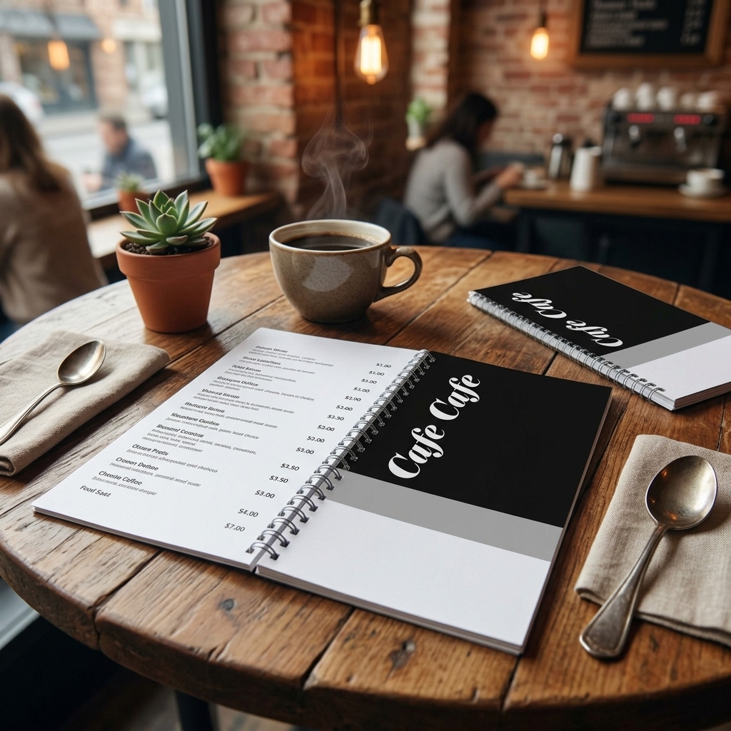Κατάλογος café με μοντέρνο σχέδιο, ελκυστικά γραφικά και χρώματα που ενισχύουν την ατμόσφαιρα του καταστήματος.