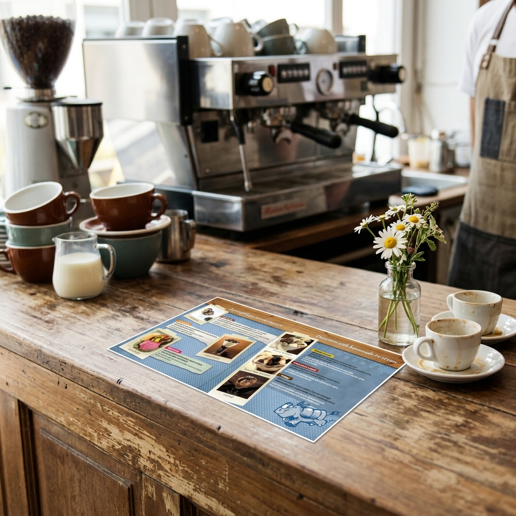 Κατάλογος café με κομψό σχέδιο, ζωντανά χρώματα και οργανωμένη διάταξη για πιάτα και ροφήματα.