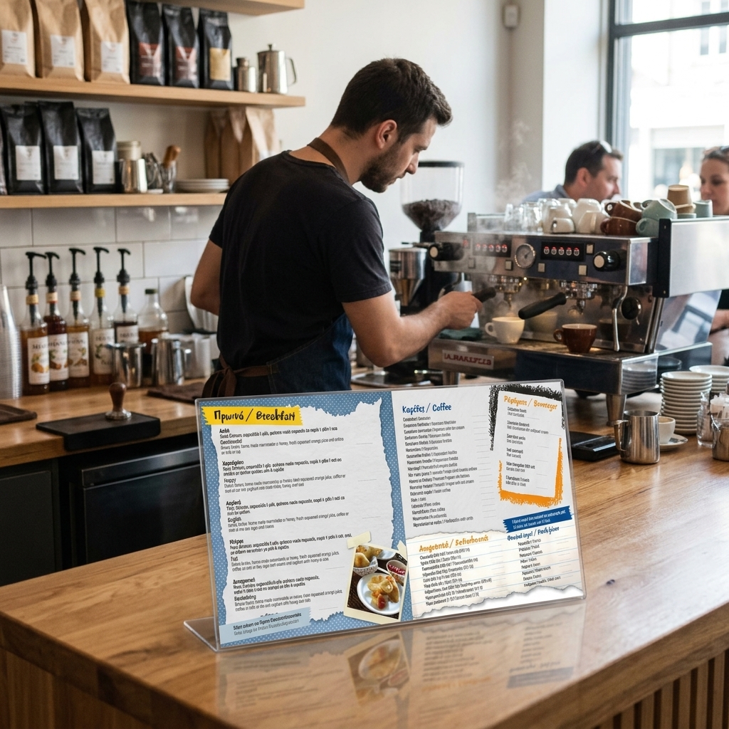 Κατάλογος café με ζωντανά χρώματα, κομψά γραφικά και ευανάγνωστη τυπογραφία, ιδανικός για εστιατόρια.