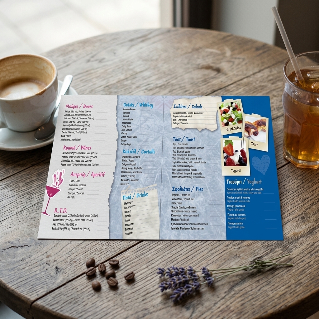 Κατάλογος café με ζωντανά χρώματα και κομψό σχέδιο, ιδανικός για εστιατόρια, προσαρμόσιμος με λογότυπο.