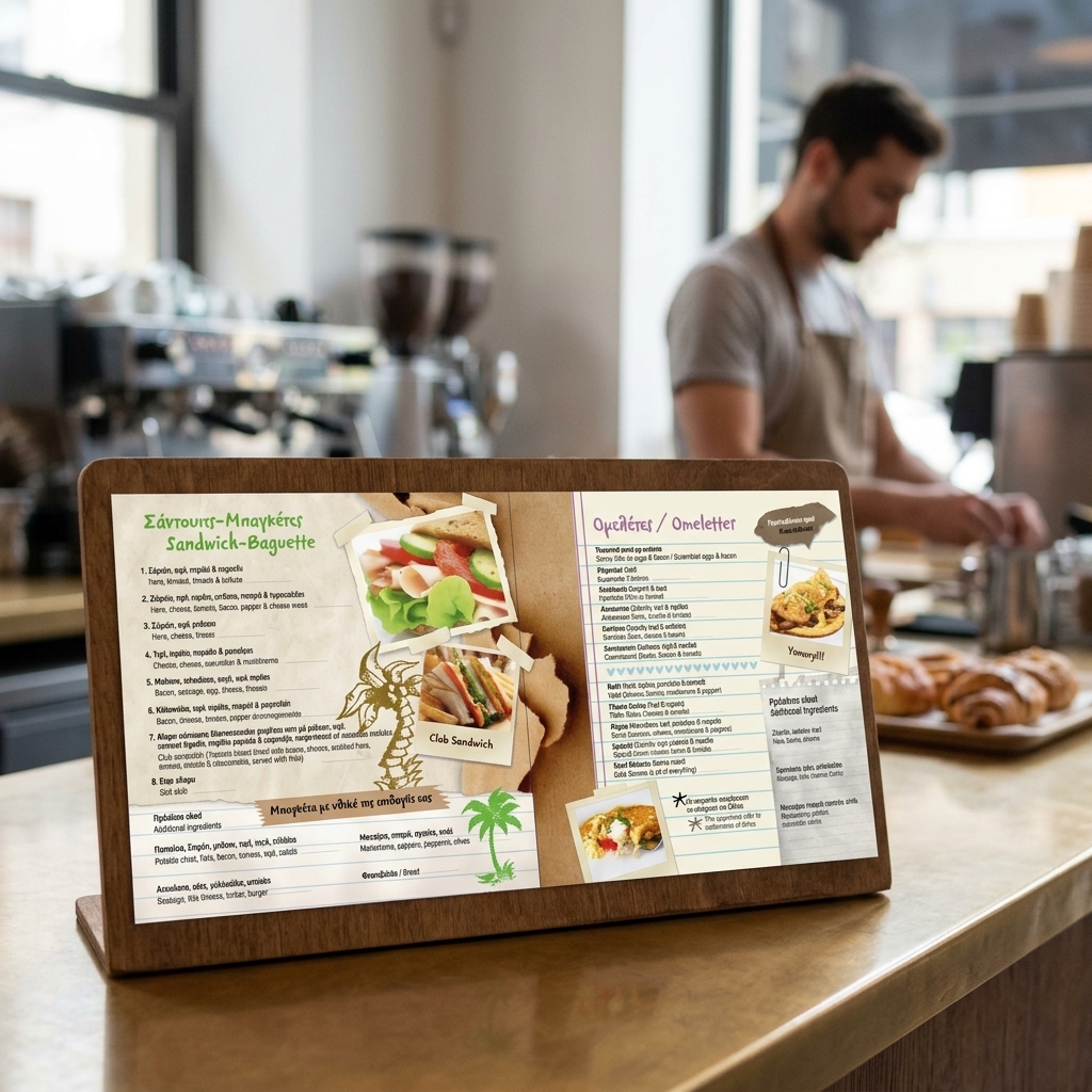 Κατάλογος café με ζωντανά χρώματα και κομψή διάταξη, σχεδιασμένος για καφετέριες με δυνατότητα προσαρμογής.