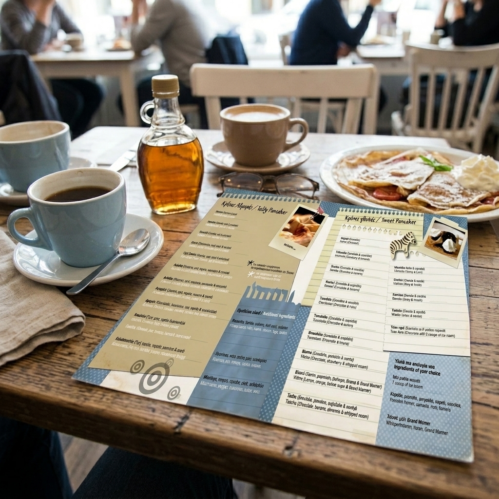 Κατάλογος café με ζωντανά χρώματα και ελκυστικά γραφικά, ιδανικός για καφετέριες και take away.