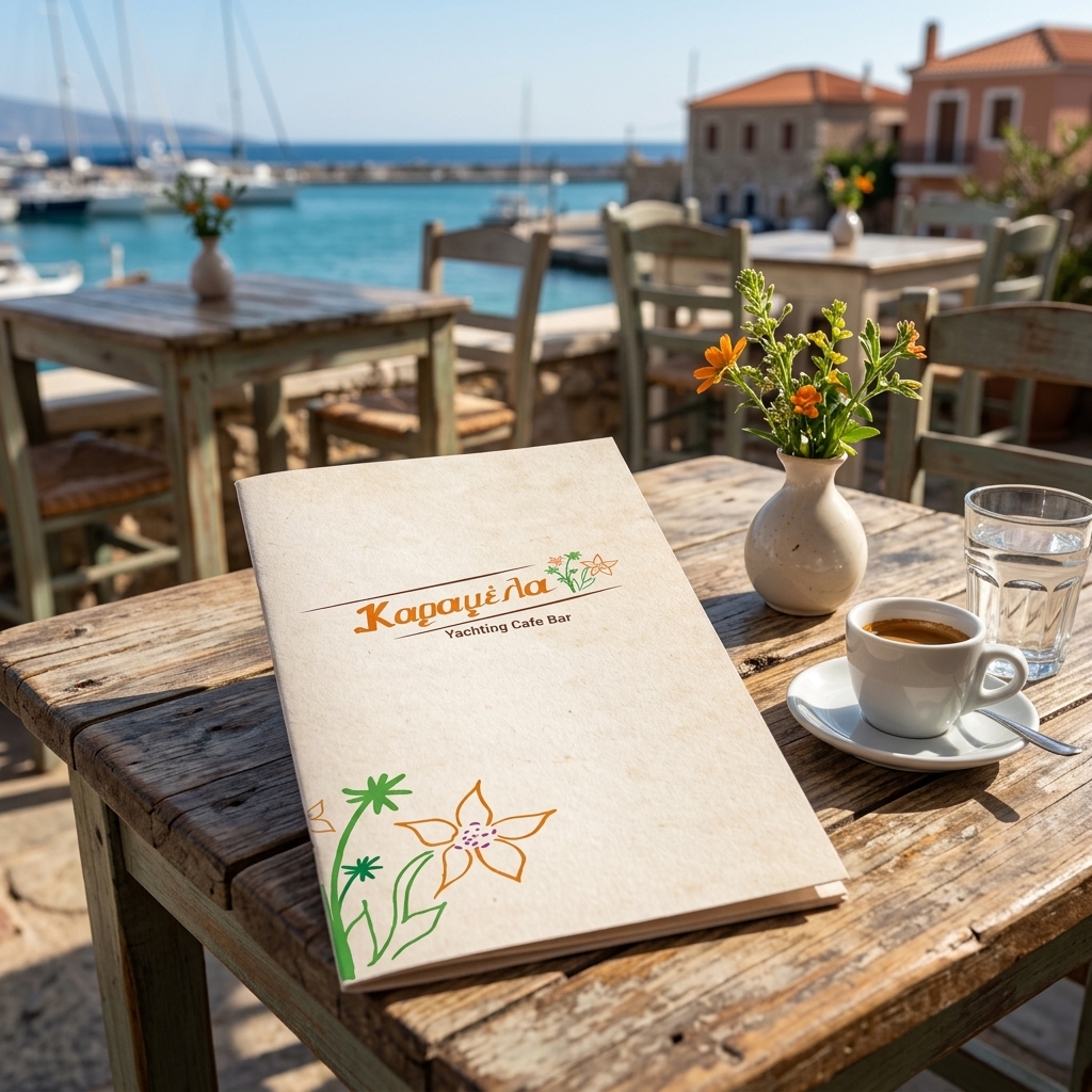 Κατάλογος café σε φωτεινά χρώματα με σχεδιασμό που τονίζει ροφήματα και πιάτα, ιδανικός για προσαρμογή.