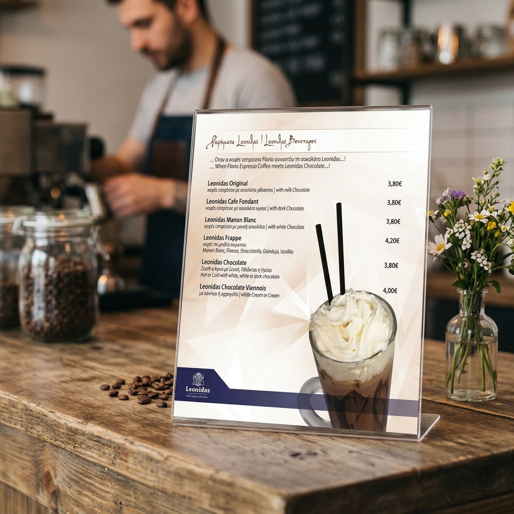 Κατάλογος café με οργανωμένη διάταξη, ζωντανά χρώματα και προσαρμογή λογοτύπου, ιδανικός για μενού καφετεριών.