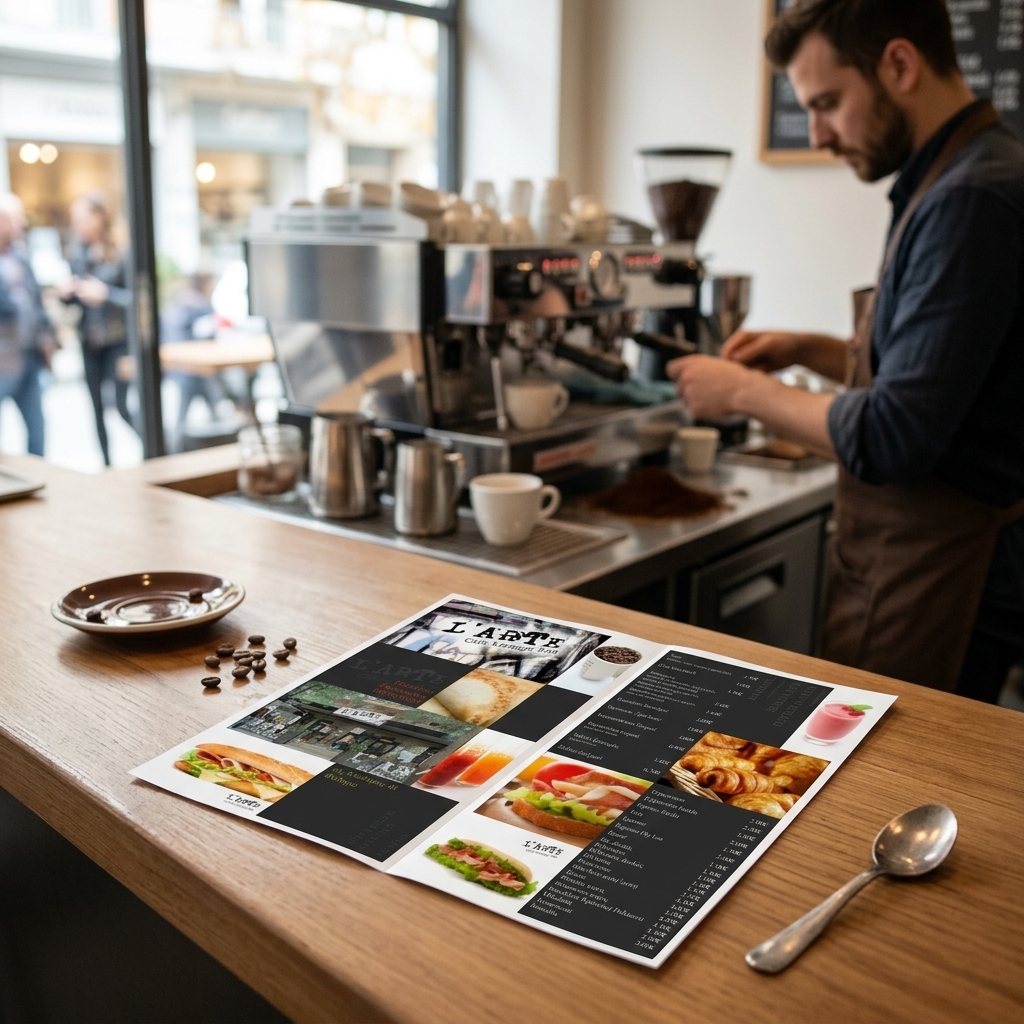 Κατάλογος café με ζωντανά χρώματα και κομψή διάταξη, ιδανικός για την παρουσίαση μενού, εκτύπωση υψηλής ποιότητας.
