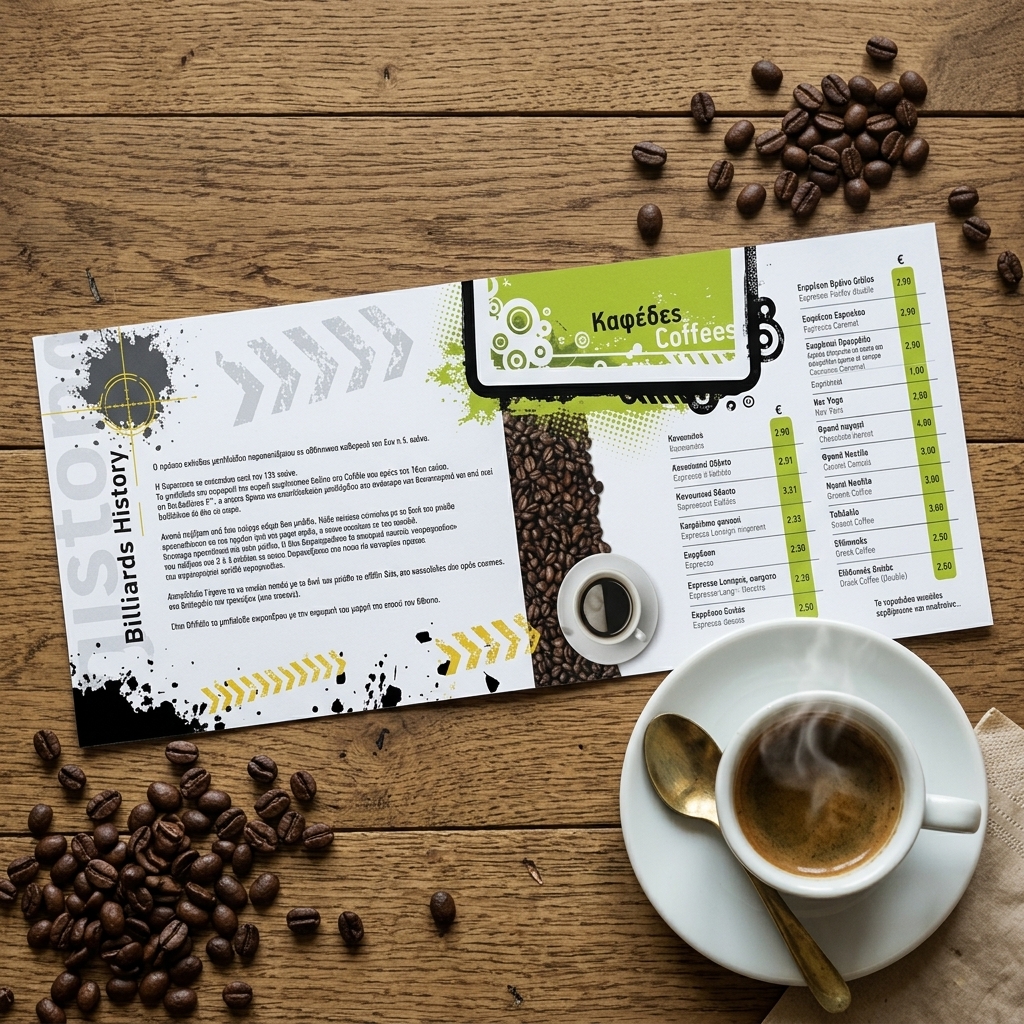Κατάλογος café με μοντέρνα γραφικά και ζεστά χρώματα, προσαρμόσιμος για καφετέριες.