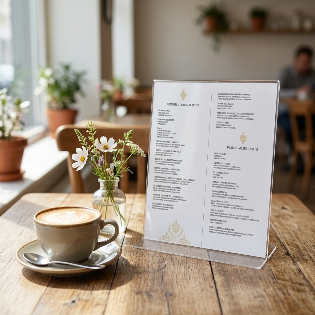 Κατάλογος café με ζωντανά χρώματα και καλαίσθητη διάταξη, επισημαίνει πιάτα και ροφήματα.