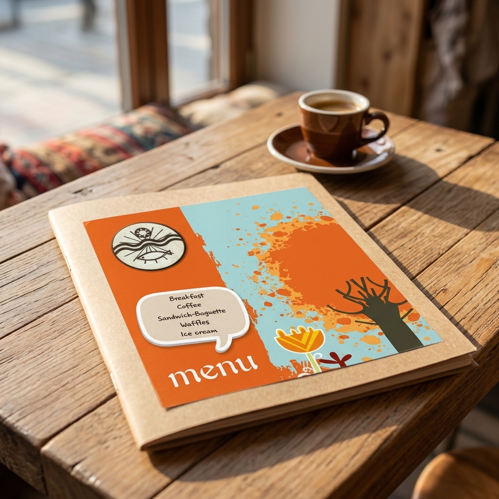 Κατάλογος café με ζωντανά χρώματα, προσαρμοσμένο λογότυπο και ποιότητα εκτύπωσης, ιδανικός για εστιατόρια.